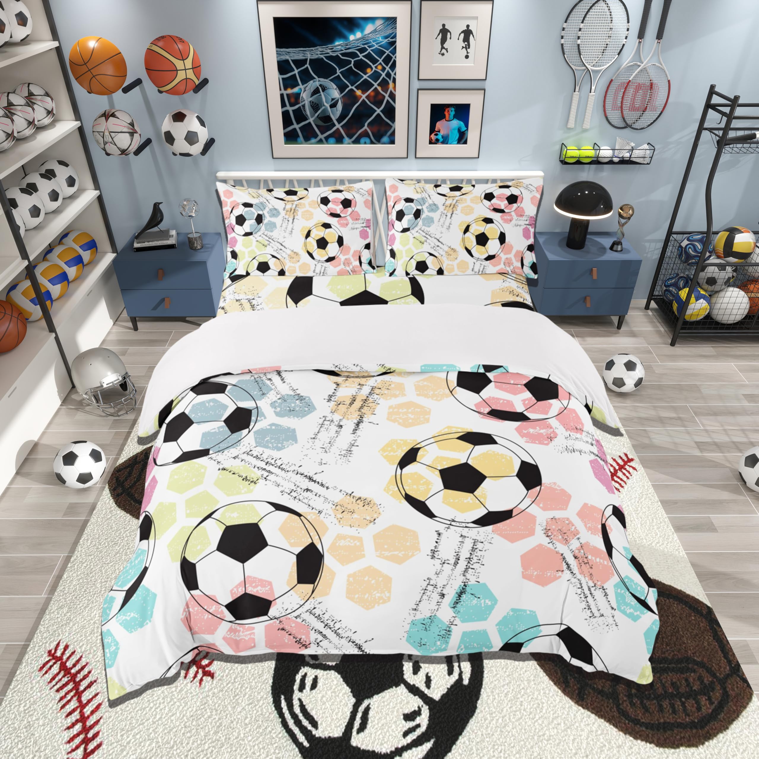 Loussiesd Kids Football Bedding Set Sports Theme Comforter Cover for Child Boys Girls Soccer Ball Pattern Duvet Cover Breathable Colorful Grunge Style Bedspread Cover Room Decor Quilt Cover King Size