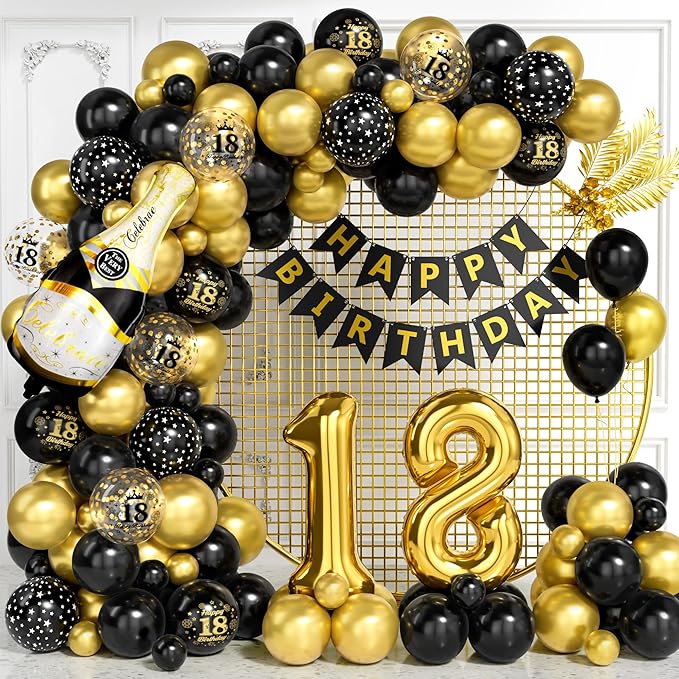 Kit Decorazioni 18° Compleanno Oro E Nero - Palloncini Foil, Numeri E Striscione - Foto 2