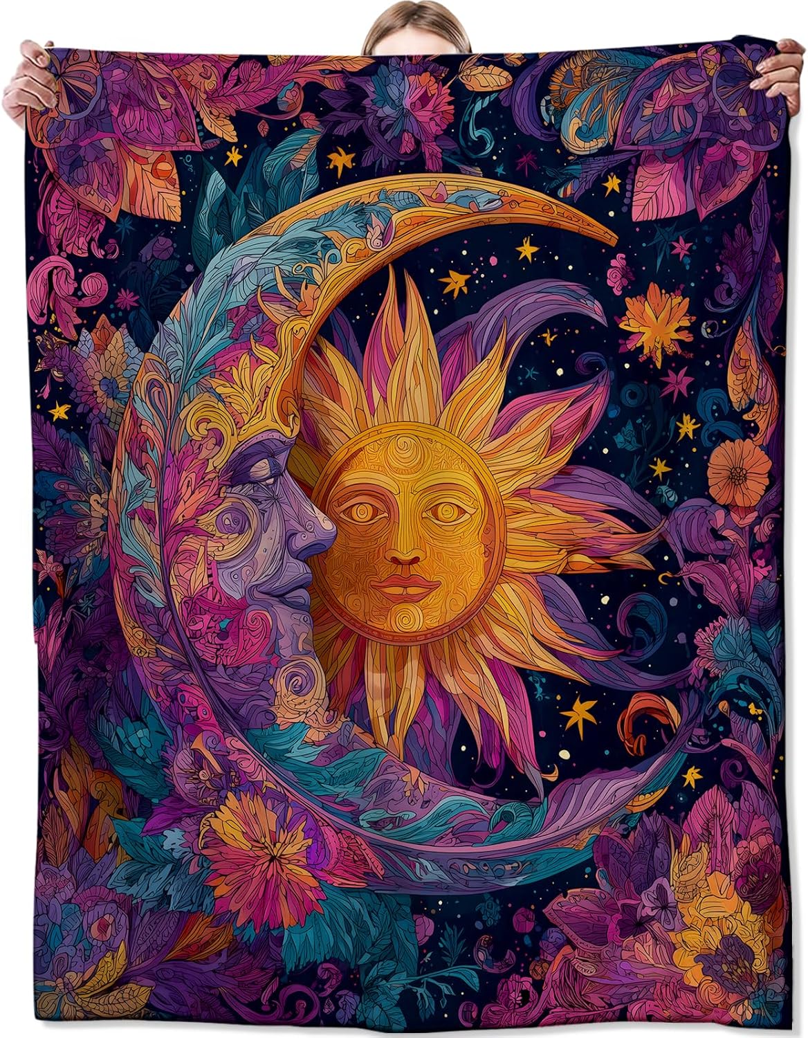 Sun and Moon Blanket, Gifts for Celestial and Fantasy Lovers, Lightweight Flannel Throw Blankets, Colorful Cosmic Sky with Floral Throws Home Decor, for Couch Living Room Office, 60x50inch