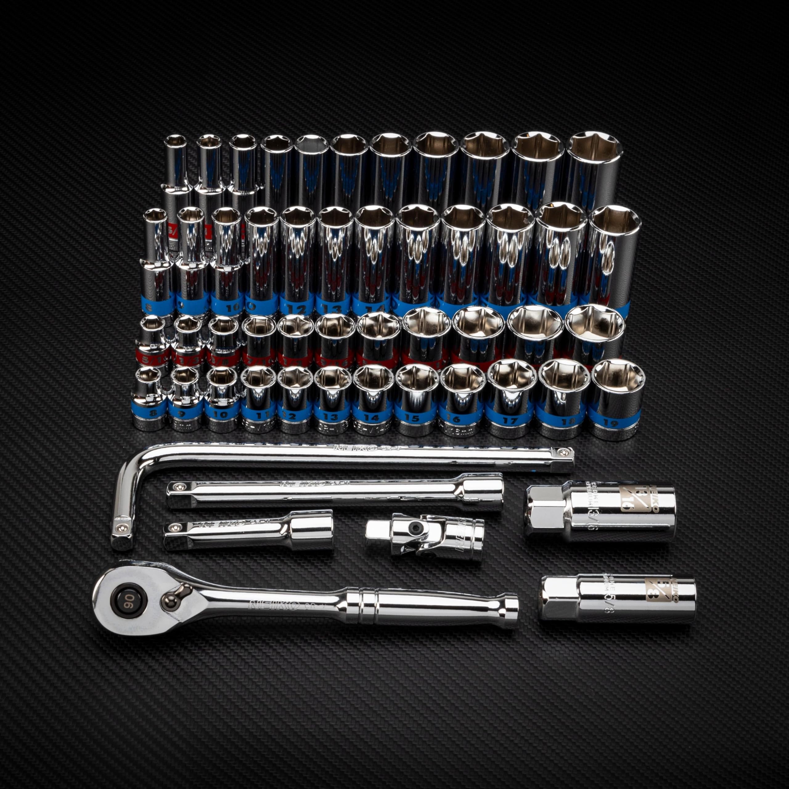 NEIKO 02512A - Set di chiavi a bussola da 3/8" con cricchetto a sgancio rapido (90 denti), 43 pezzi di dimensioni metriche standard e profonde, da 6 mm a 24 mm, 6 punte, giunto universale, barre di