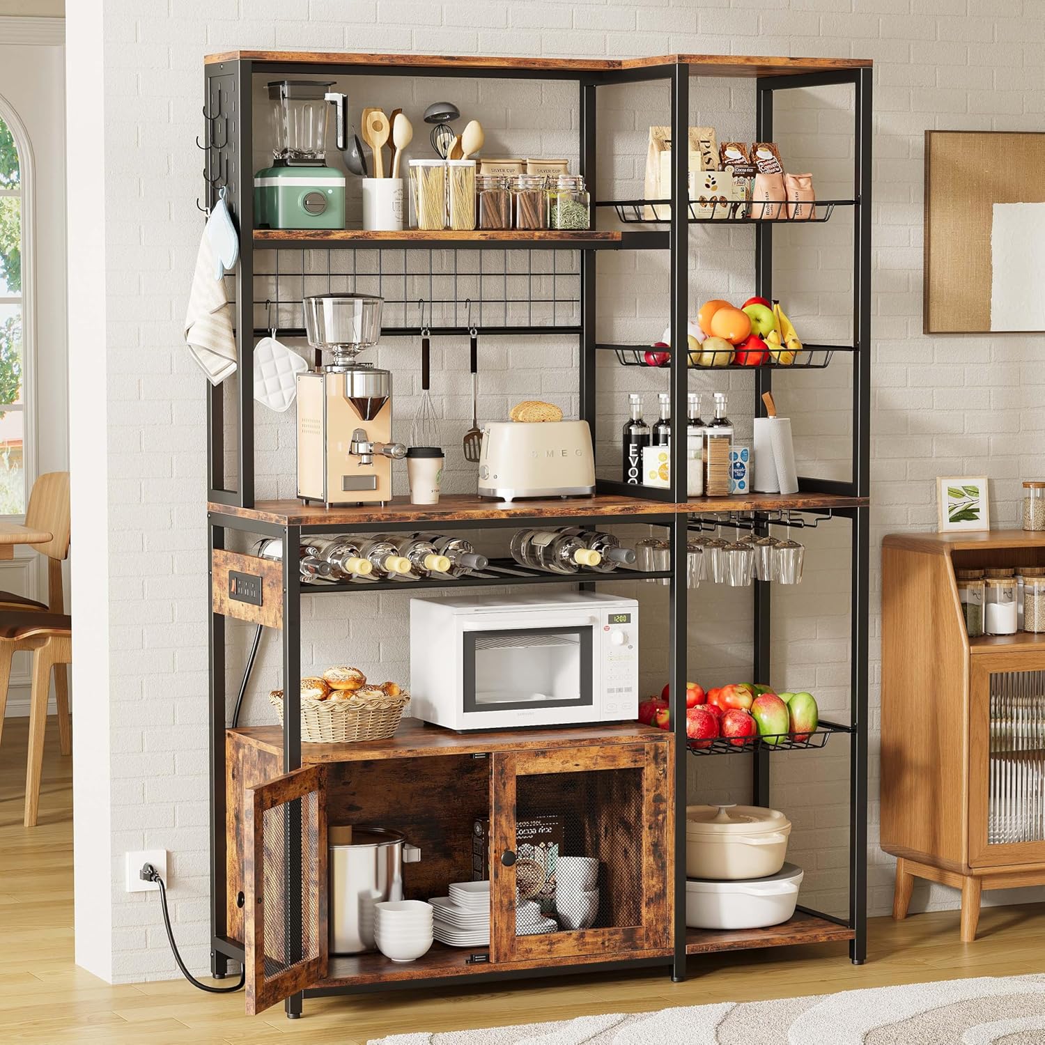 IRONCK Bakers Rack with Power Outlet & Storage, 45.5" W Coffee Bar Cabinet with Wine Rack & Pegboard, Industrial Microwave Stand with 10 Hooks & 3 Wire Basket, Kitchen Shelves, Rustic Brown