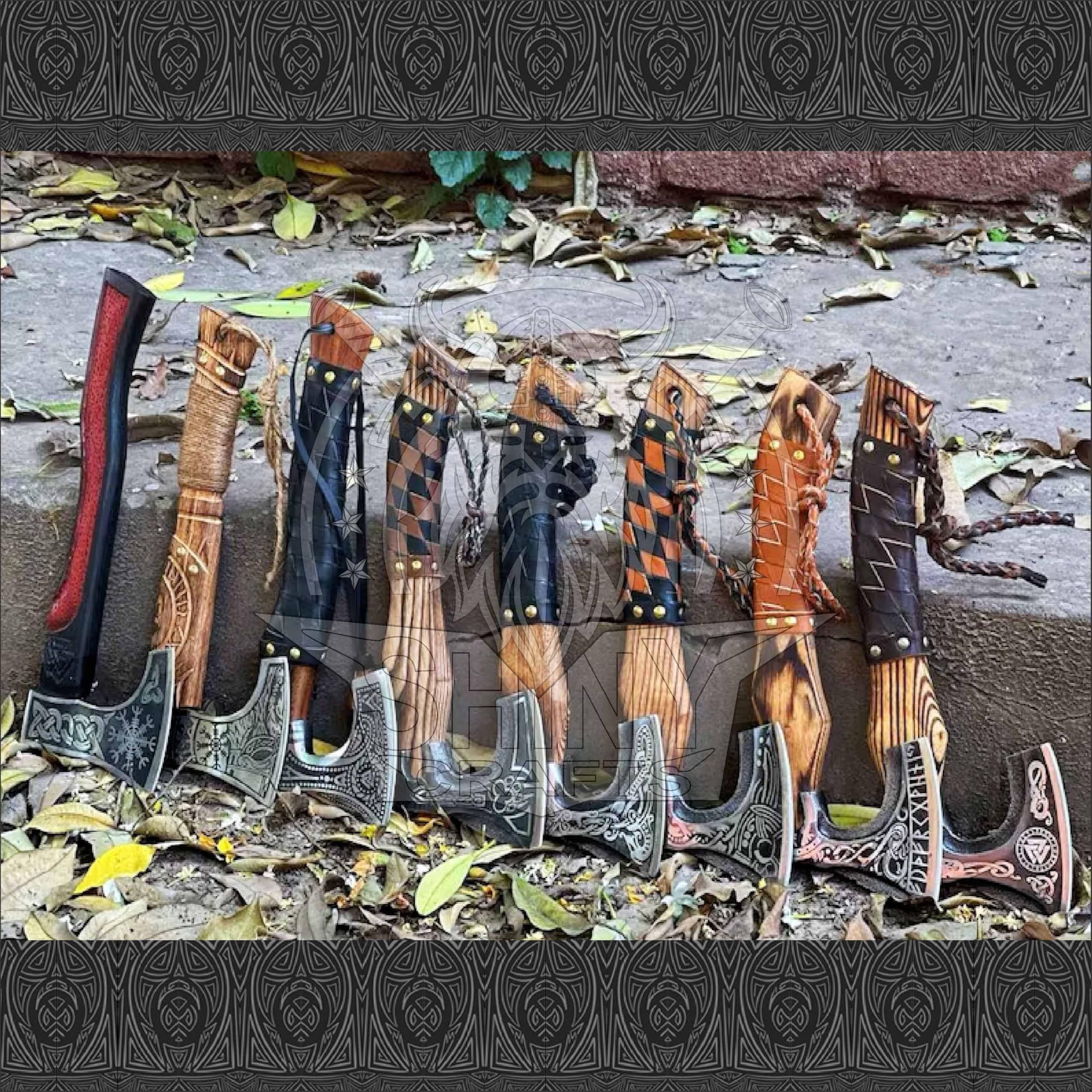 SHINY CRAFTS® Handcrafted Decorative Viking Axe with Leather-Wrapped Handle & Sheath – Engraved Blade – Ceremonial Collectible Gift for Men, History Buffs, Cosplay & Display (Set of 8 Viking Axes)