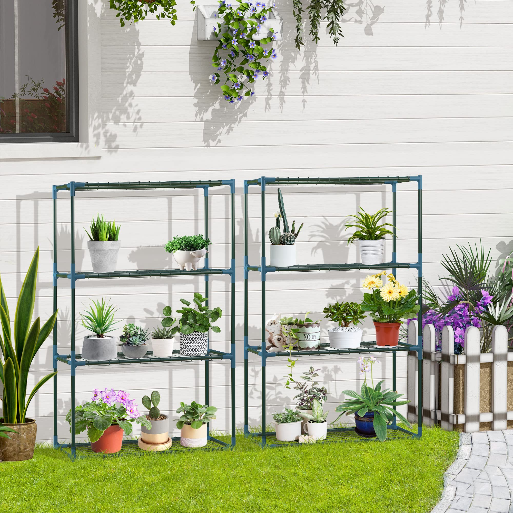 Outsunny Lot de 2 Étagères à Fleurs en acier 4 Niveaux Intérieur et Extérieur, support de plantes étagère à plantes pour Jardin, Balcon, Salon, 70 x 27 x 110 cm, vert
