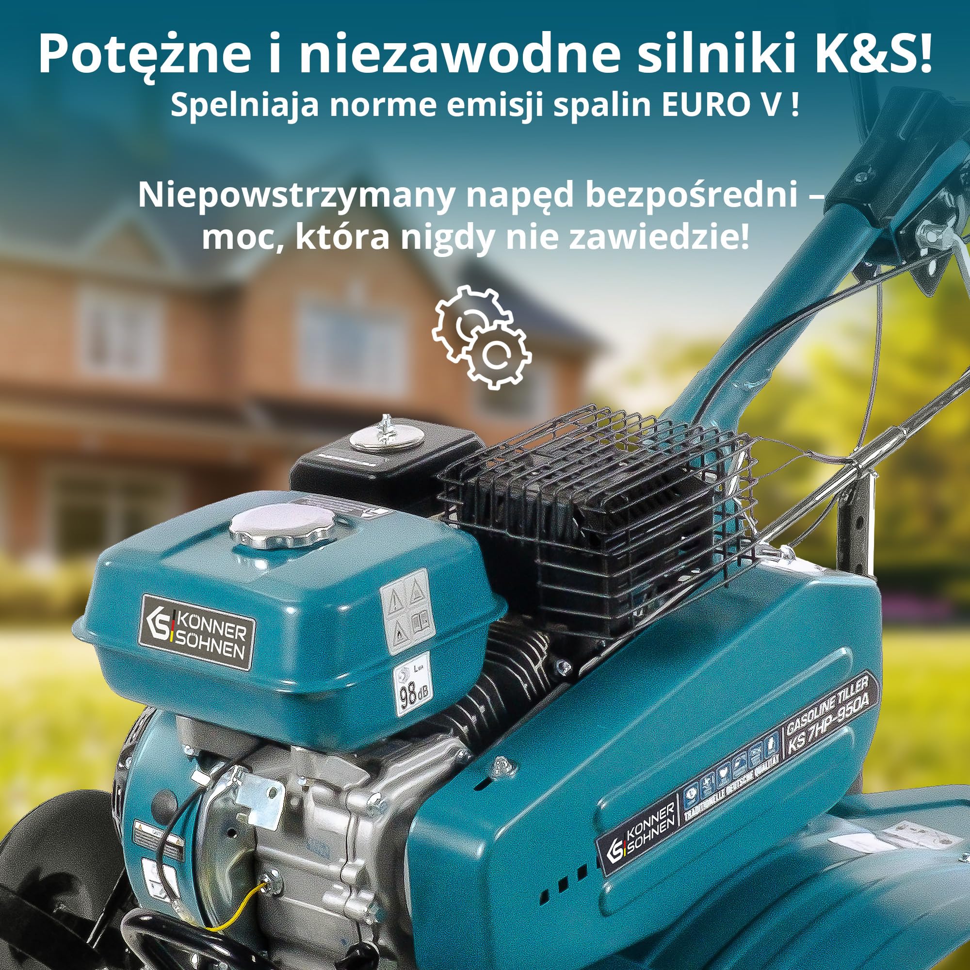 Glebogryzarka benzynowa Könner & Söhnen KS 7HP-950A Kultywator spalinowy z paskiem, napędem łańcuchowym, kutymi nożami szablastymi, regulowanym napędem, 2 biegi do przodu, do tyłu, szerokość robocza 108 cm, głębokość robocza ≤ 31 cm, 7,0 KM do wszystkich