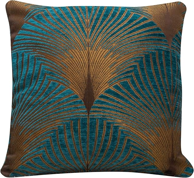 Linen Loft Art Deco Fan Cushion Cover in Teal and Gold. Double Sided Luxury Velvet Chenille. 17x17 (43cm) Square Pillow Case. Geometric vintage 20s and 30s Feather Pattern. Handmade in the UK.