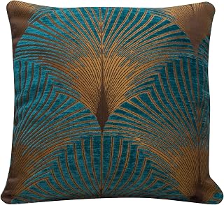 Linen Loft Art Deco Fan Cushion Cover in Teal and Gold. Double Sided Luxury Velvet Chenille. 17x17 (43cm) Square Pillow Case. Geometric vintage 20s and 30s Feather Pattern. Handmade in the UK.