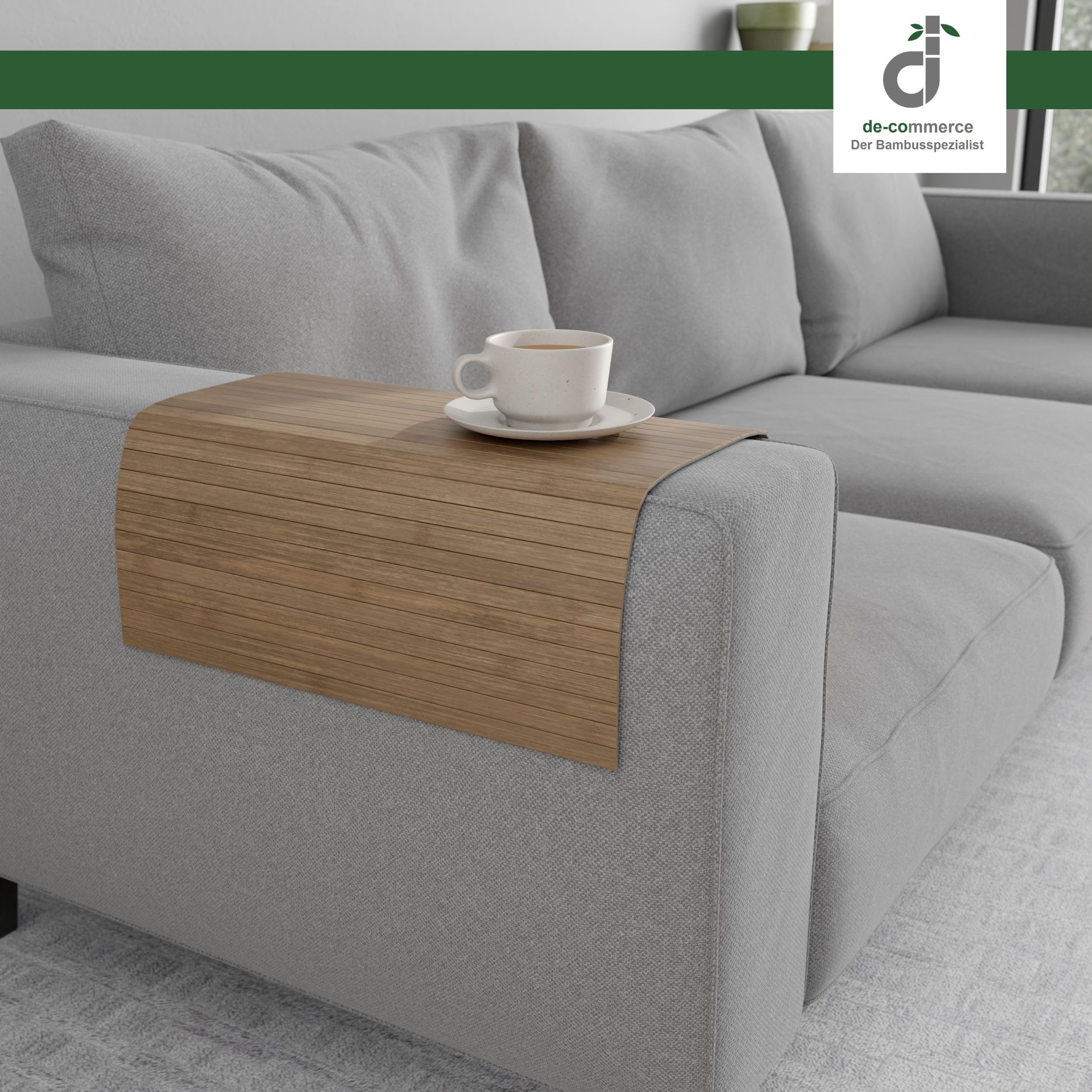 DE-COmmerce Couchablage aus Bambus, Sofatablett, Couchtablett, Armlehne, Getränkehalter, Flexablage Taupe 30 x 50 cm