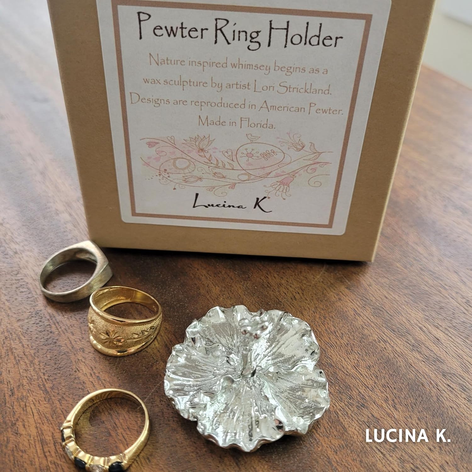 Hibiscus Flower Ring Holder - Tiny Ring Stand Gift Boxed Friendship Story Card -Handcrafted Pewter Made in USA (Shipped from Artist Studio)