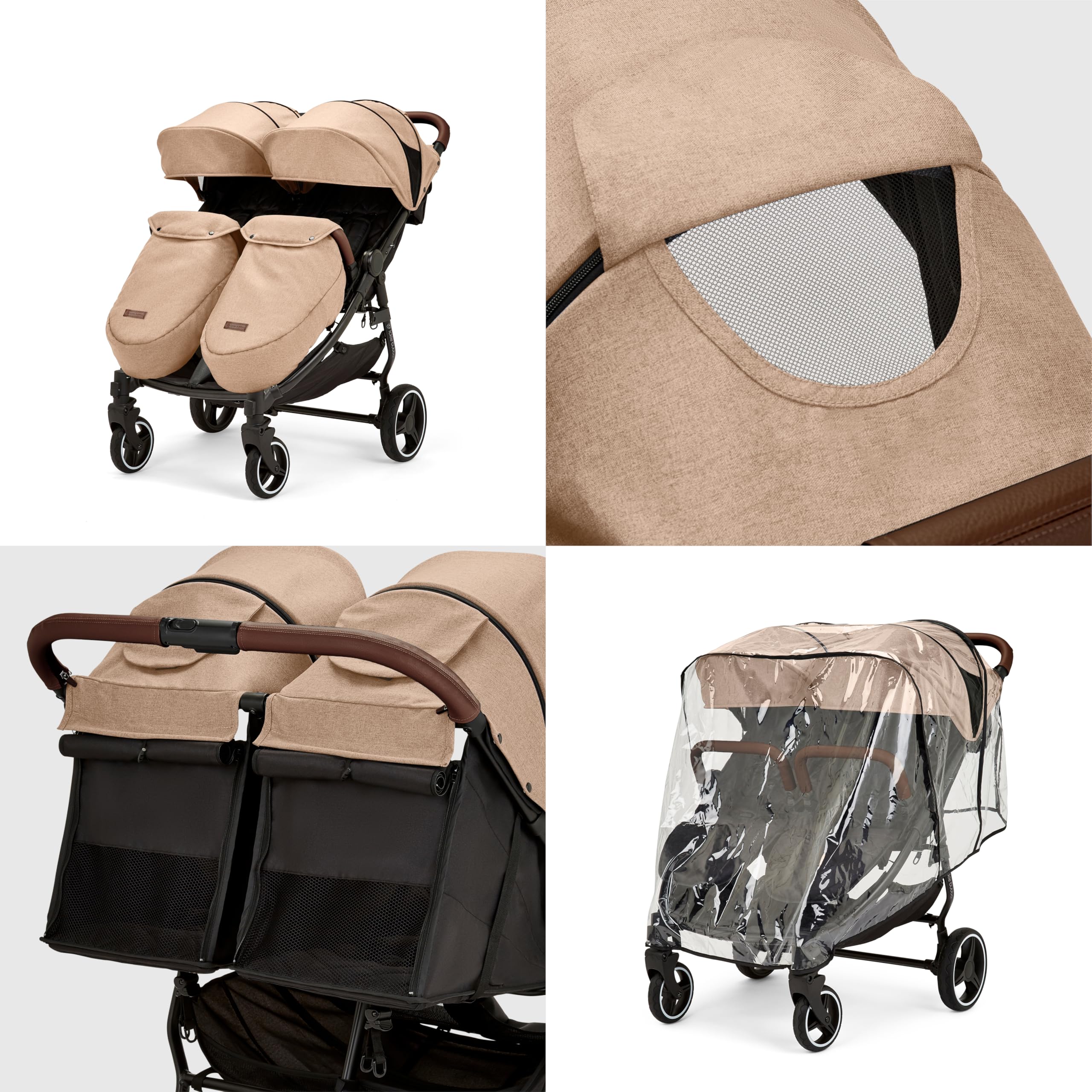 Ickle Bubba Venus Podwójny wózek spacerowy - odpowiedni od urodzenia do 15 kg, kompaktowy, lekki, składany podwójny wózek spacerowy (Herbatnik, Venus Podwójna Max)