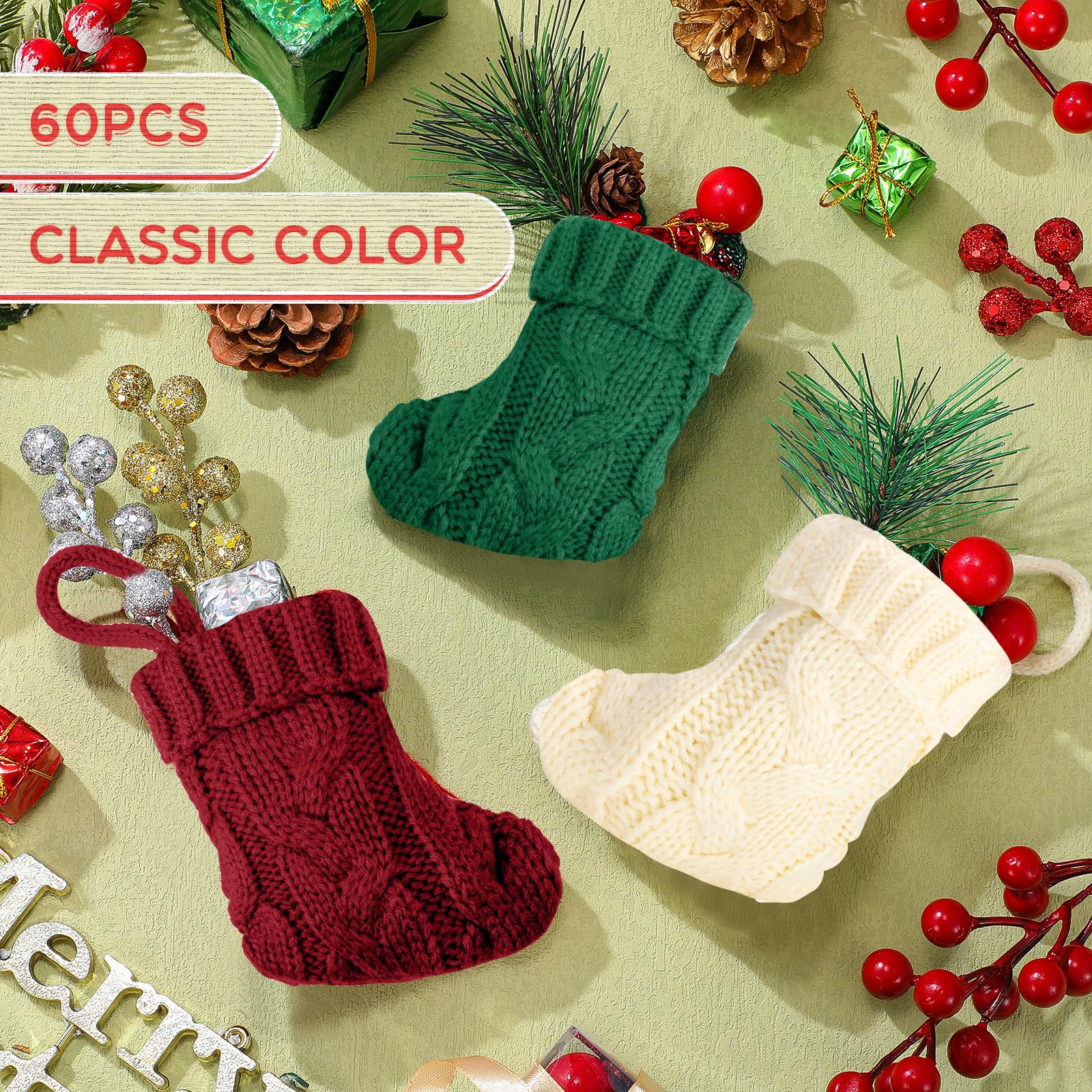 Lot de 60 mini chaussettes de Noël en tricot rustiques à suspendre pour fête, vacances, décoration d'intérieur, 10 cm, 3 couleurs