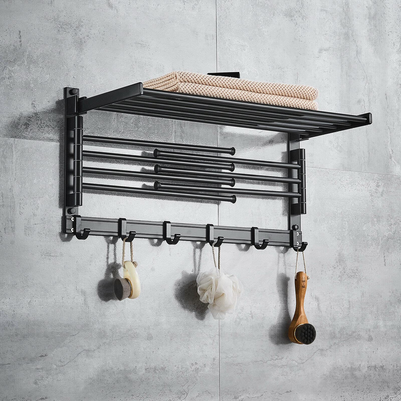 Toallero giratorio montado en la pared, estante plegable de secado de ropa sucia con ganchos y brazos oscilantes, toallero de aluminio para baño, cocina
