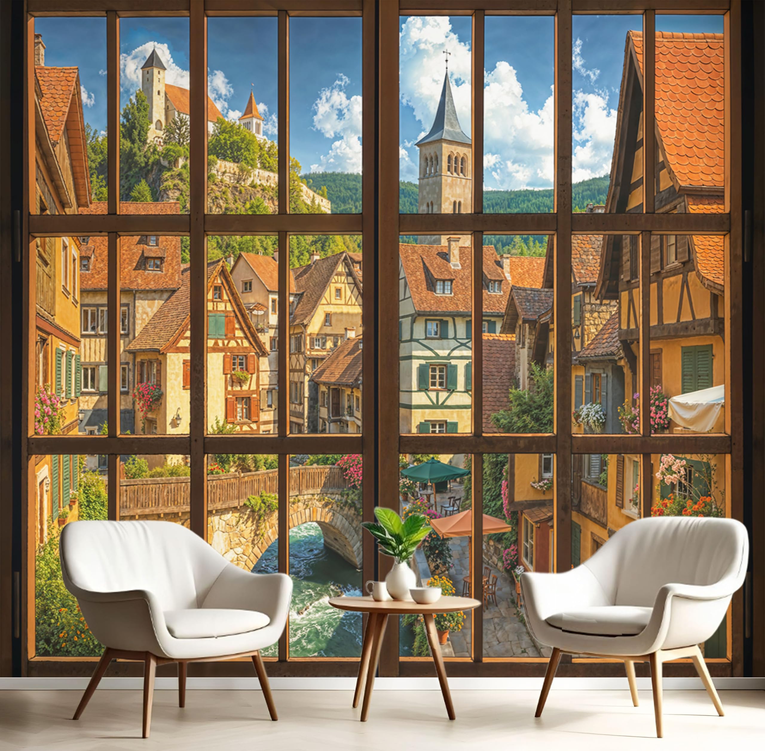 Papier peint architecture médiévale fenêtres en bois grand format 400x280cm