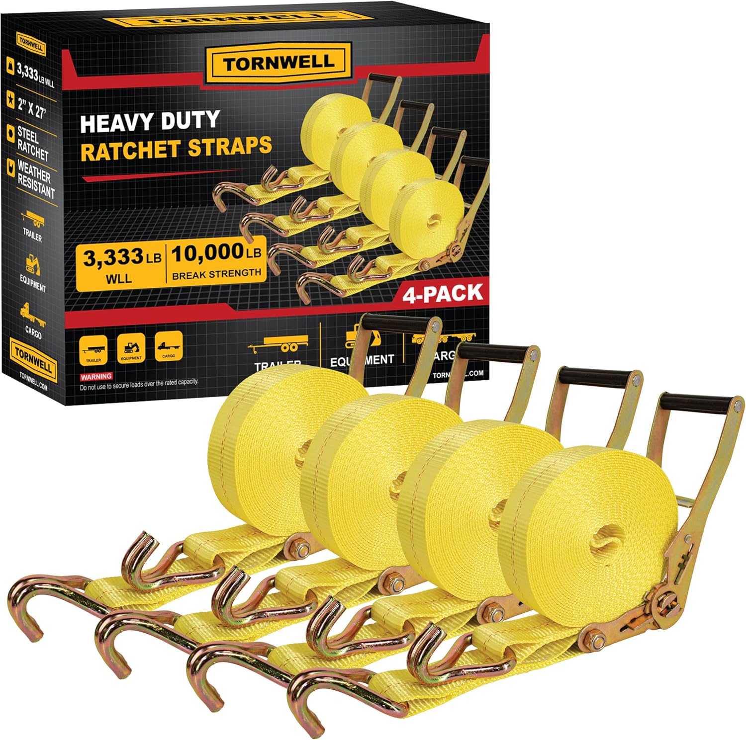 4 Pack 2 Inch Ratchet Straps Heavy Duty 27ft Tie Down Straps Ratchet with Double J Hook, 10000 LBS Break Strength, Cargo Ratchet Strap for Moving, Truck, Trailers, Motorcycles, Kayaks, Car Roof