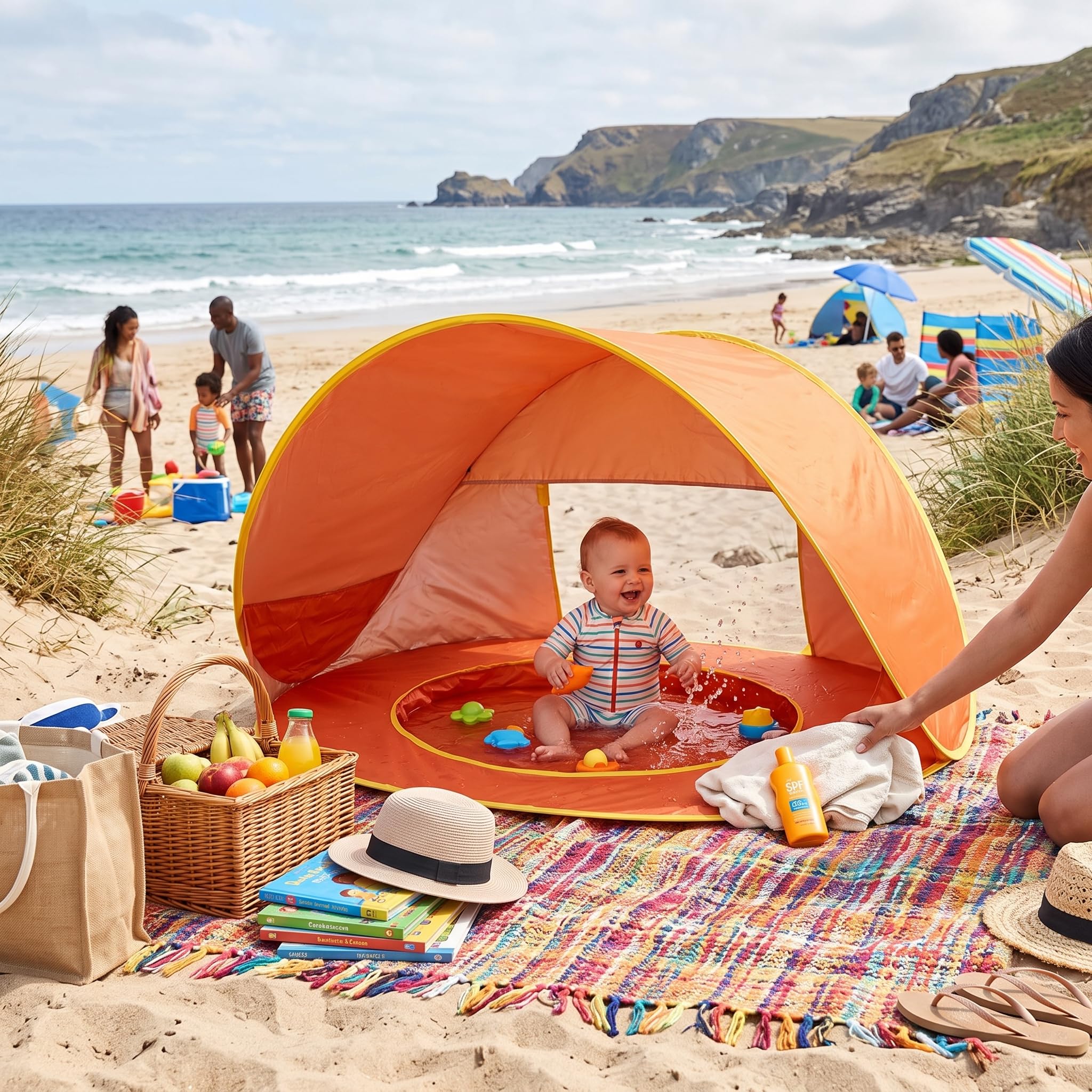Tente de plage, protection solaire pop-up avec protection UV UPF 50+ et piscine pour bébé intégrée, portable, légère, montage facile pour les tout-petits, les voyages en plein air, le camping