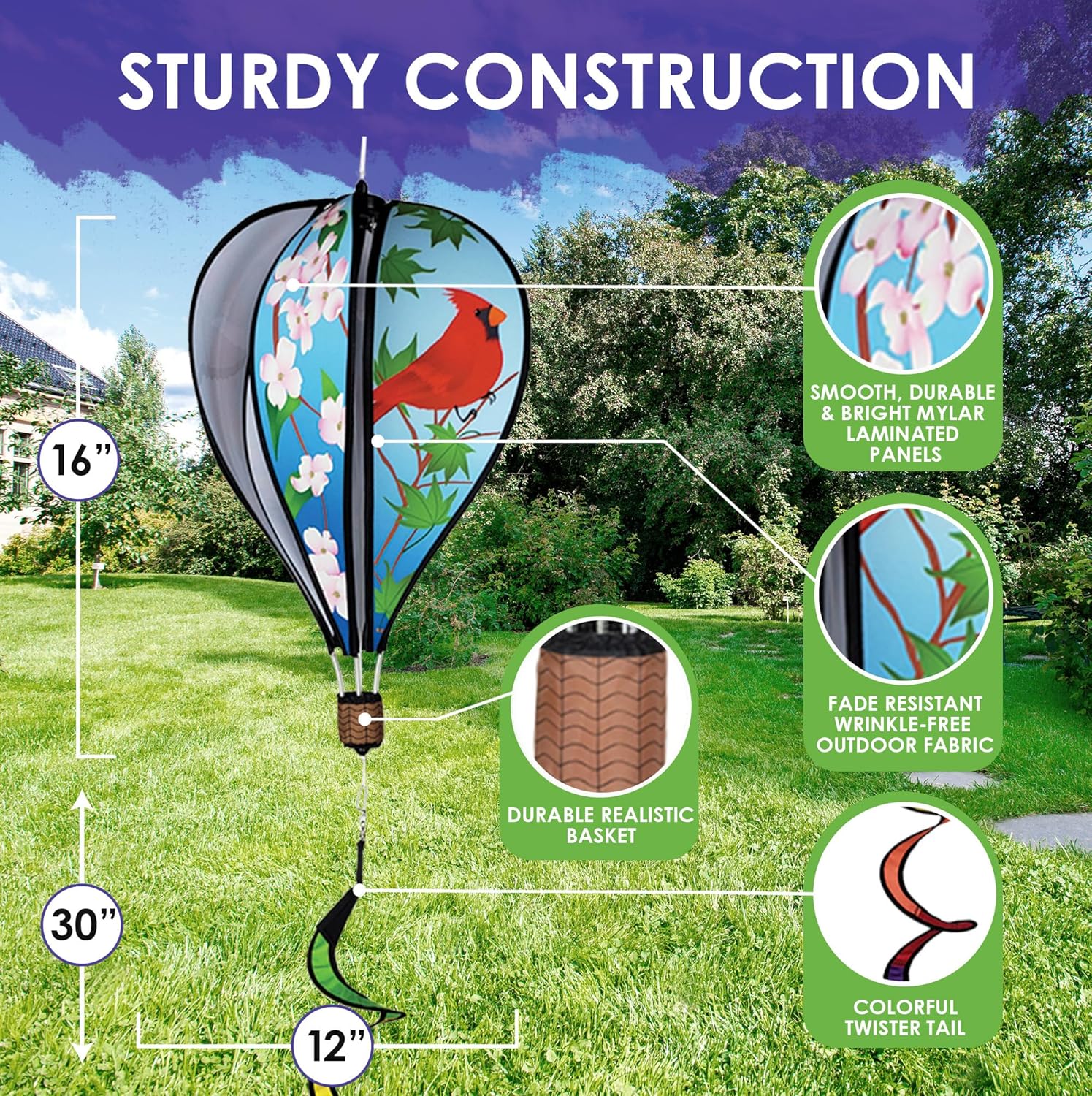 Hot Air Balloon Hanging Garden Spinner 16" - Vibrant Cardinals Design, Weather-Resistant Outdoor Decor, Durable & Lightweight for Patios, Yards, and Gardens - Eye-Catching Wind Spinner