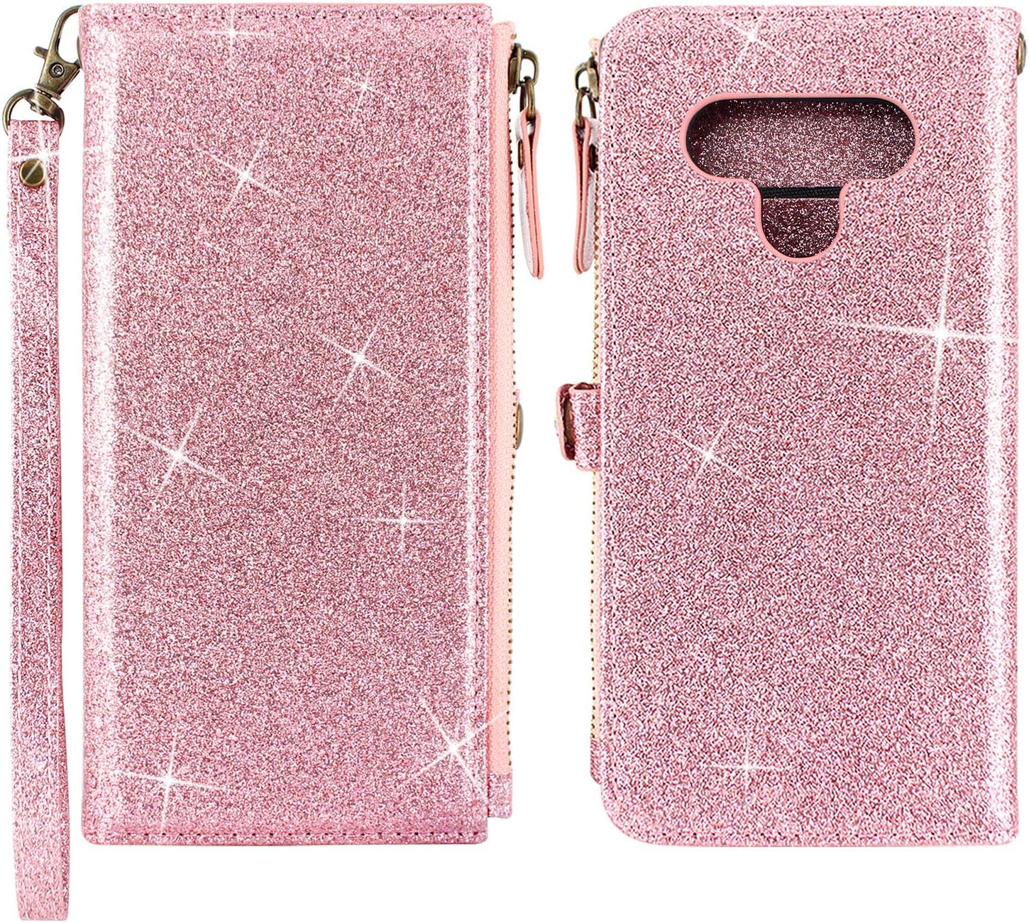 Lacass Premium Leather Flip Zipper Wallet Case Cover Stand Feature with Card Holder and Wrist Strap for LG STYLO 6 2020 (Bling Rose Gold)
