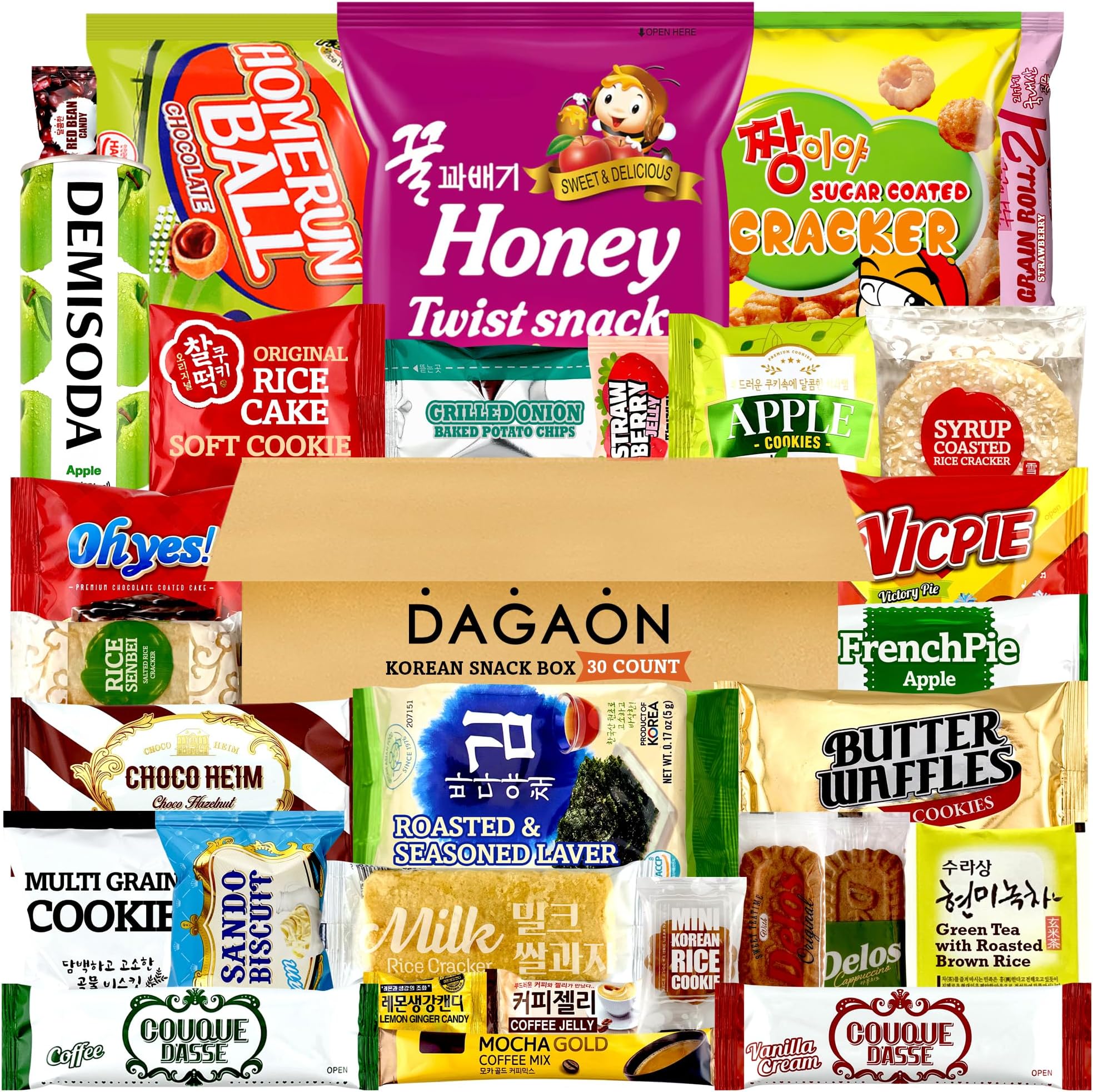 Dagaon Korean Snack Box 30 Count - Sweet and Savory Snacks. Variety of Korean Treats Including Chips, Biscuits, Cookies, Pies, Candies.. Assortment of Korean Snacks for Anyone.