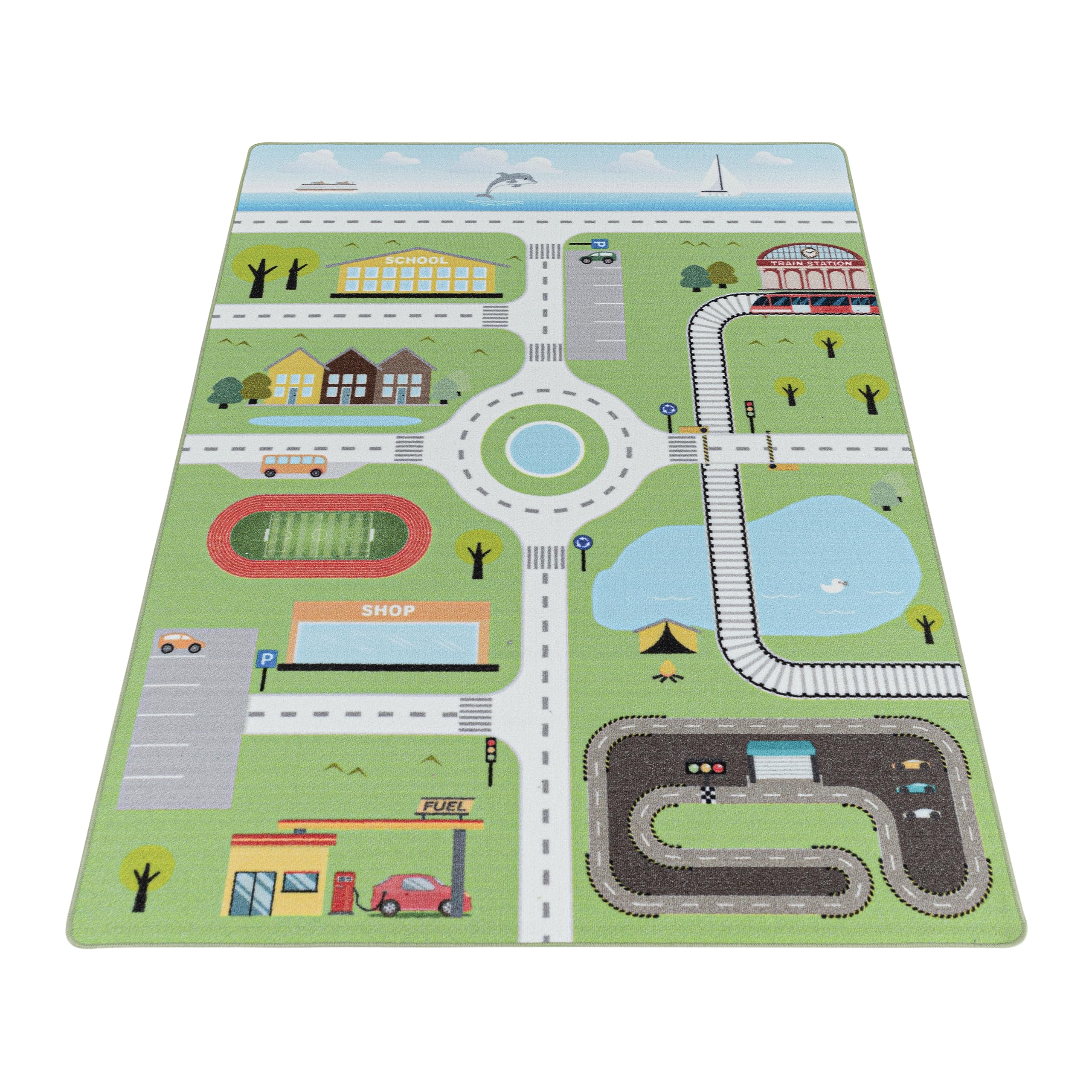 Kinderteppich Spielstraße Straßenmotiv Pflegeleicht Bunt Waschbar Strapazierfähig Grün 80x120 cm Kinderzimmer Fußbodenheizung geeignet Schadstoffgeprüft Oeko-TEX | TRAUN