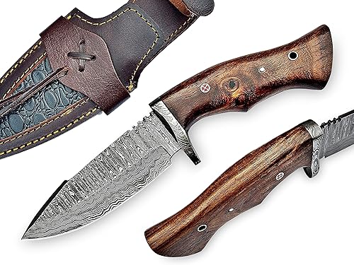 EJOY OUTDOORS Cuchillo de caza de Damasco hecho a mano  Cuchillo de supervivencia con funda  Cuchillo de Bushcraft  Cuchillo de hoja fija para