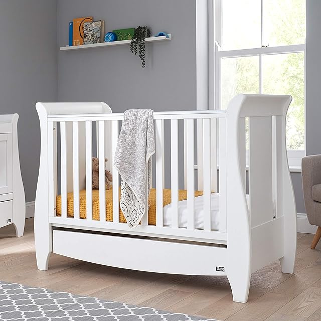 Tutti Bambini Katie Space Saver Sleigh Cot Bed With Under Bed Drawer - 120 X 60cm Converts To Junior/Toddler Bed (White) 3 Positions