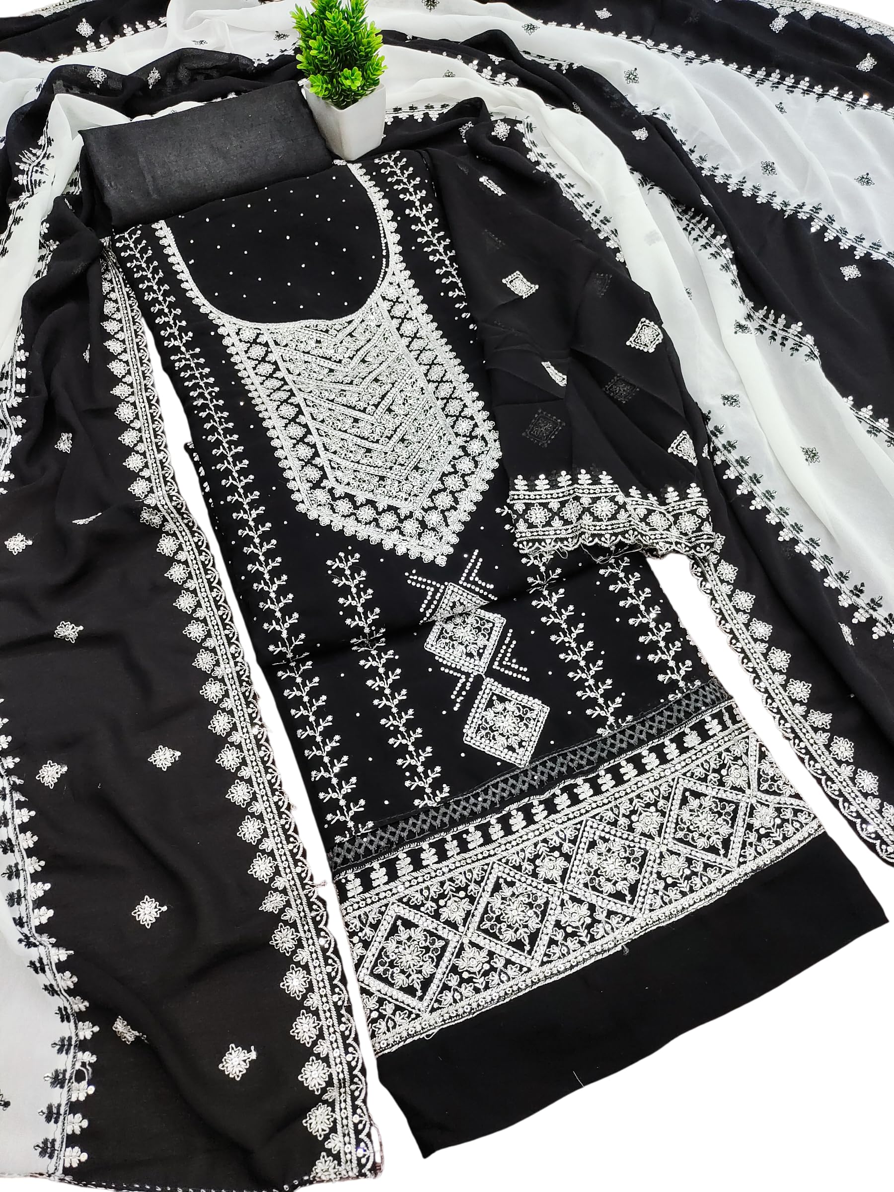 Women's Black & White Georgette Pakistani Style Salwar Suit Dress Material | Heavy Embroidered Unstitched Kurta, Solid Bottom & Dupatta | Ethnic Wear-image-8