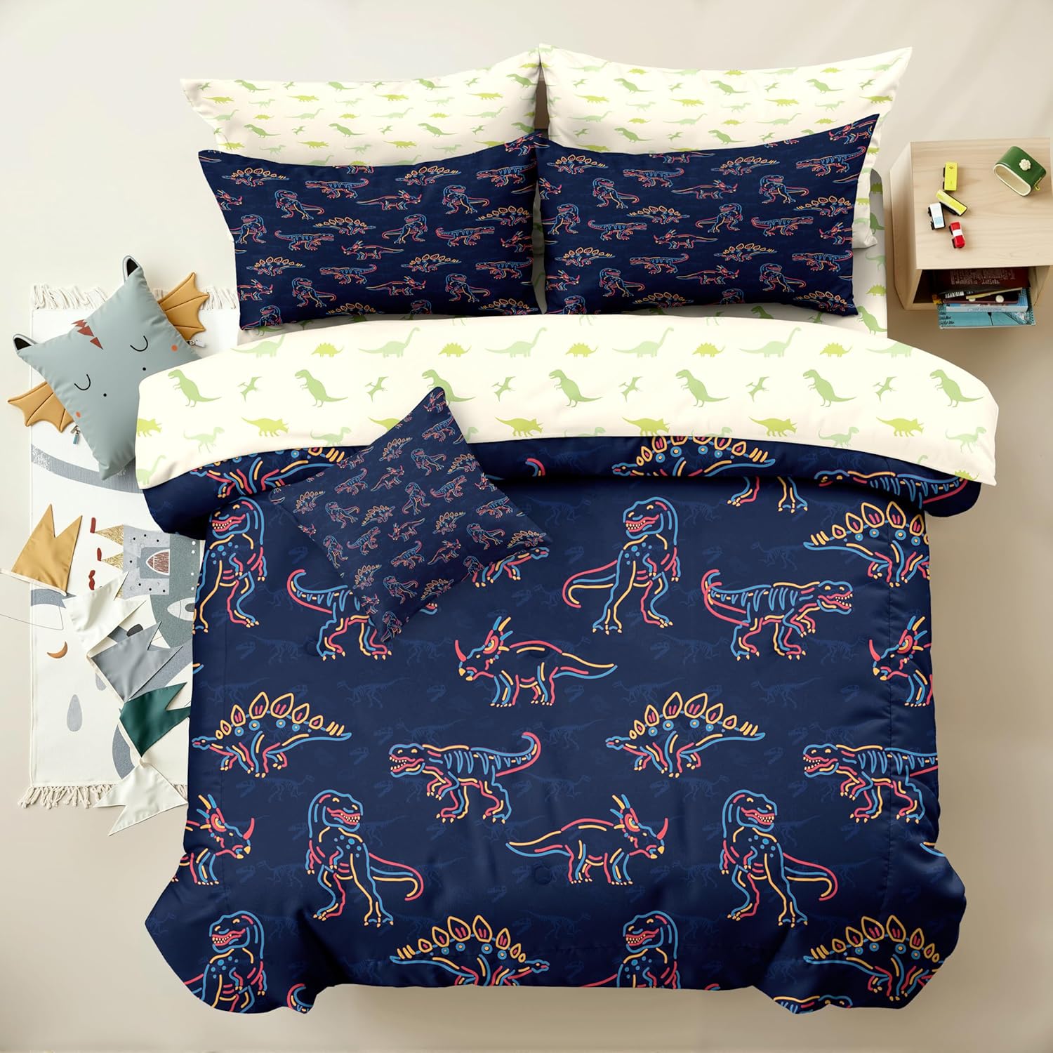 6pc Dinosaur Comforter Set for Boys,Full Size Bedding Sets for Teen,Kids Comforter Set with 1 Quilt+1 Flat Sheet+1 Fitted Sheet+2 Pillowcases+1 Cushion Cover(D-Dinosaur Full)