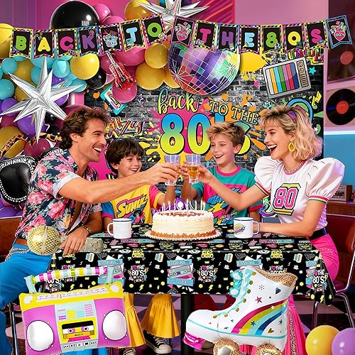 Miniatura 5 de Decoraciones para fiestas temáticas de los años 80 con mantel de fondo de los años 80, pancarta, caja inflable, teléfono móvil y guitarra, globos de
