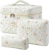 Vista 21 de HBselect Bolsa de Maquillaje Acolchada, 3 Piezas de Gran Bolsa de Maquillaje de Viaje de Algodón, Linda Bolsa de Maquillaje Floral Coquette, Bolsa