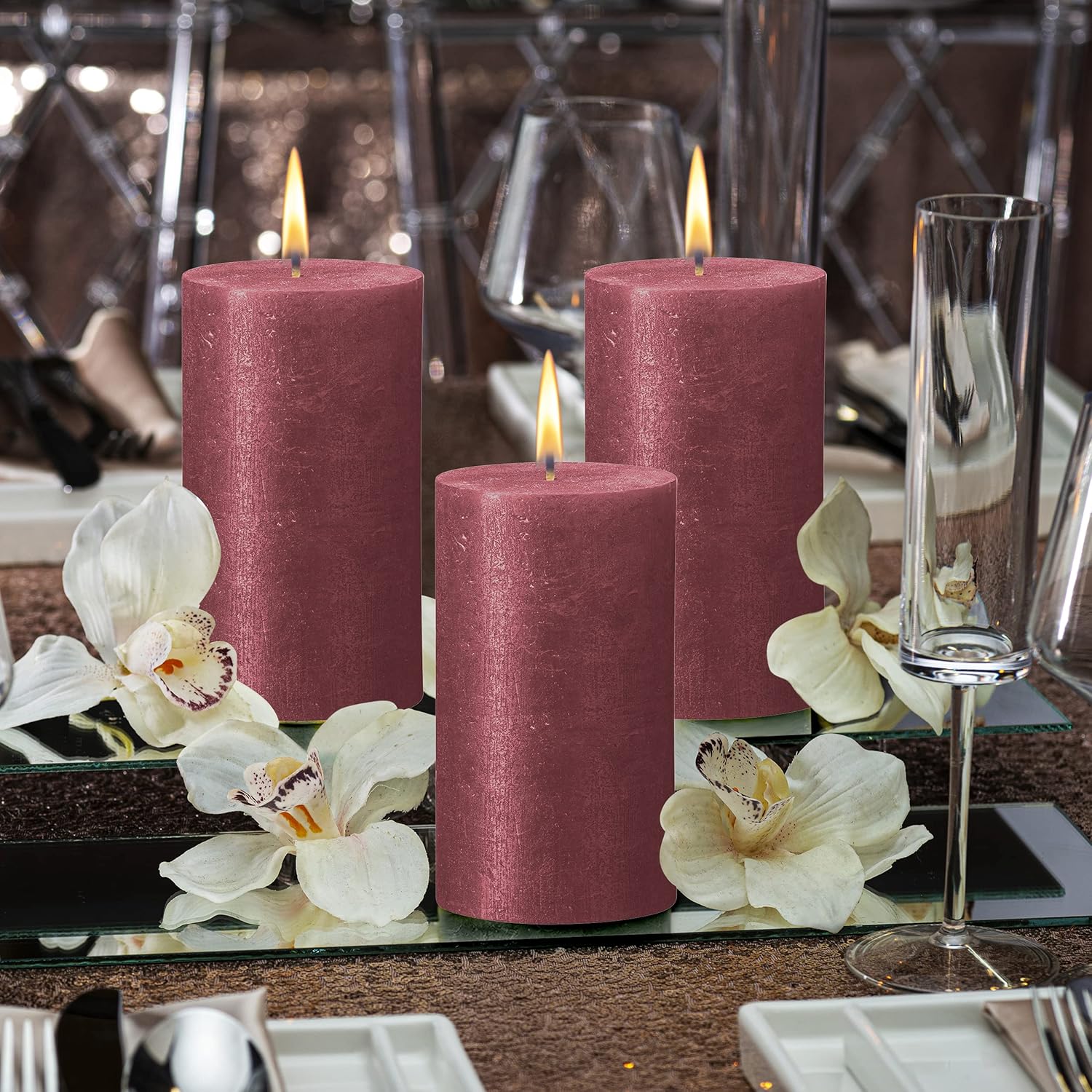 BOLSIUS Red Shimmer Metallic Pillar Candles 4 Pack - 2.75 X 7.5 Inches - Premium European Quality - Includes Natural Plant-Based Wax - Unscented Dripless Smokeless 85 Hour Party & Wedding Candles