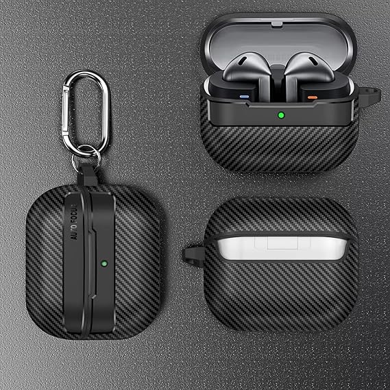 Samsung Galaxy Buds3 / Galaxy Buds3 Pro ve Galaxy Buds 3 FE Uyumlu Karbon Fiber Hybrid Polymer Technology Kulaklık Kılıfı ve 3'ü 1 Arada Bluetooth Kulaklık Temizleme Kalemi Seti (Siyah)