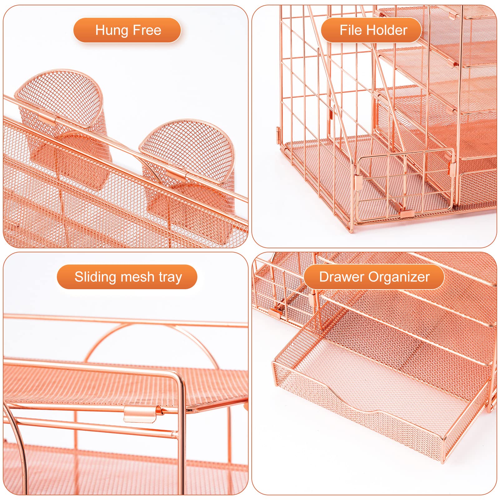 Marbrasse Rose Gold Desk Organizer with File Holder, 5-Tier Paper Letter Tray Organizer with Drawer and 2 Pen Holder, Mesh Desktop Organizer and Storage with Magazine Holder for Office Supplies