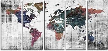 BoxColors Original Xlarge 30"x 70" 5 Panels 30x14 Ea Art Canvas Print Watercolor Old Map World Push Pin Travel Wall decor framed 1.5" depth M1809