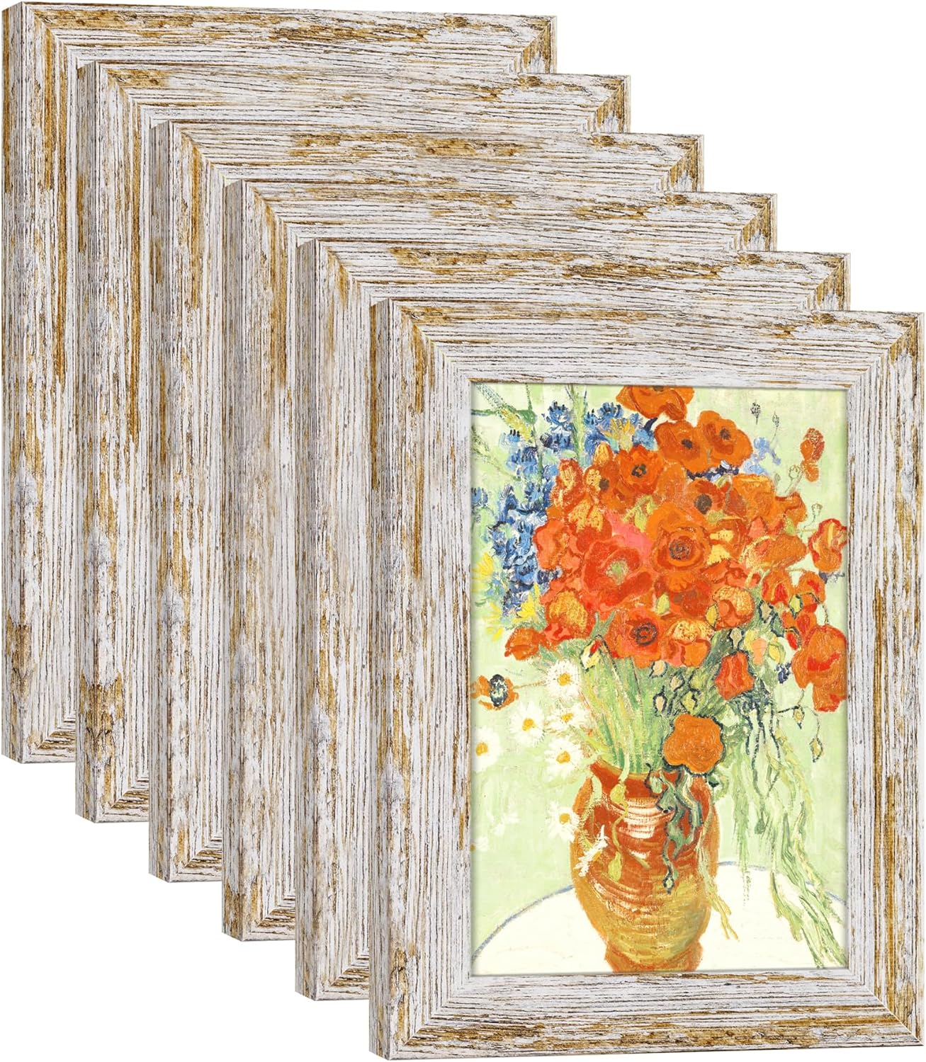 Rustic Distressed Retro Style White Frame 11x14 Picture Frame Set of 6 with Real Glass for Pictures 8x10 with Mat or 11x14 Without Mat, Wall Gallery or Tabletop display