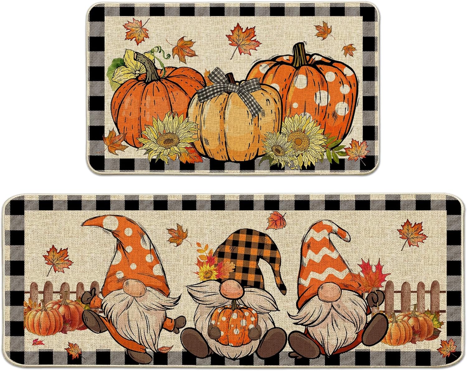 Hexagram Fall Kitchen Rugs Set of 2, Fall Kitchen Decor, Gnomes Pumpkin Kitchen Mats 17x29-17x47 Inch Fall Gnome 17*29+17*47inch
