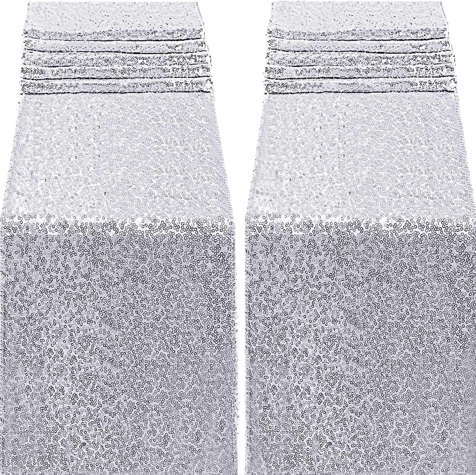 FECEDY 2 Packs 12 x 108inch Glitter Silver Sequin Table Runner for Birthday Wedding Engagement Bridal Shower Baby Shower Bachelorette Holiday Celebration Party Decorations