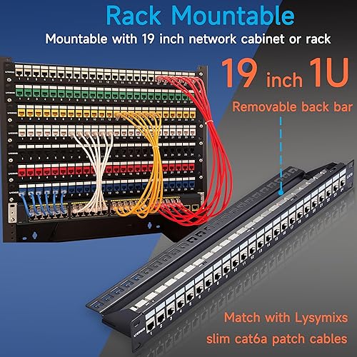 Miniatura 6 de Lysymixs Panel de conexión RJ45 de 24 puertos Cat7 STP a través de, panel de conexión de red acoplador de 19 pulgadas, panel de conexión Ethernet