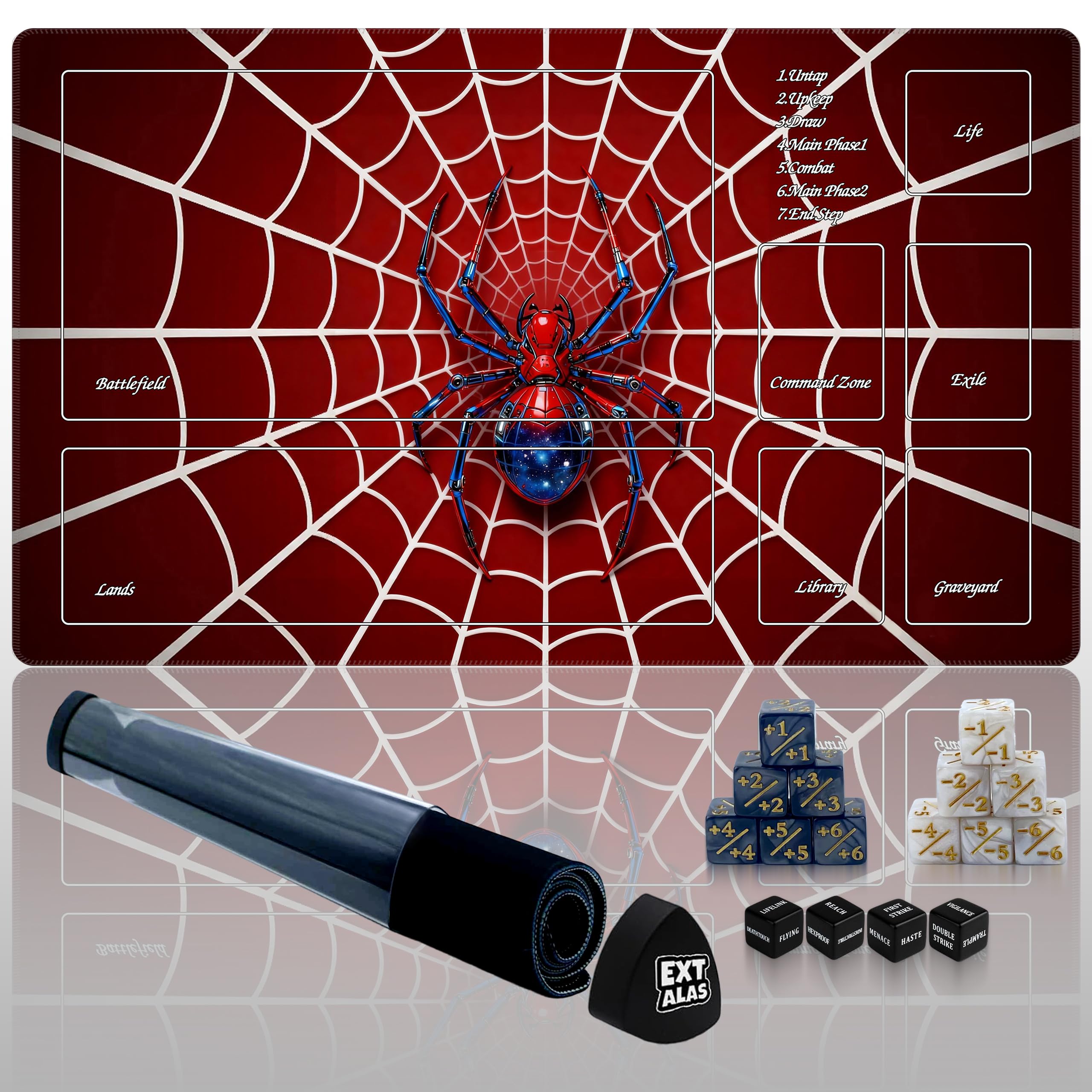 Spider TCG Playmat with Zones - Compatible with MTG & Commander - Includes Storage Tube & 16 Counter Dice (+1/+1, -1/-1, Status) - Stitched, Waterproof, Non-Slip(playmat with Zones, Spider) โ image 1