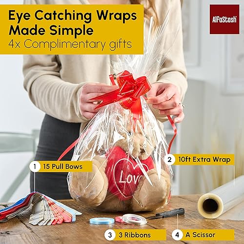 Miniatura 6 de Rollo transparente de celofán 315 x 110 pies de grosor con 15 lazos de tracción 3 cintas y 1 cortador papel de regalo transparente para envolver