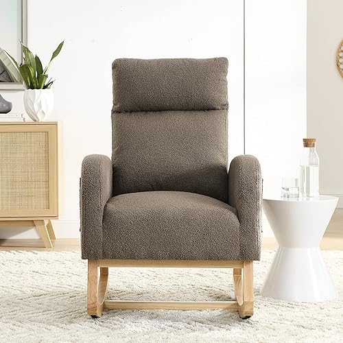 Miniatura 9 de Mecedora para guardería con patas de madera maciza, silla deslizante para guardería con dos bolsillos laterales, sillón mecedor para sala de estar y
