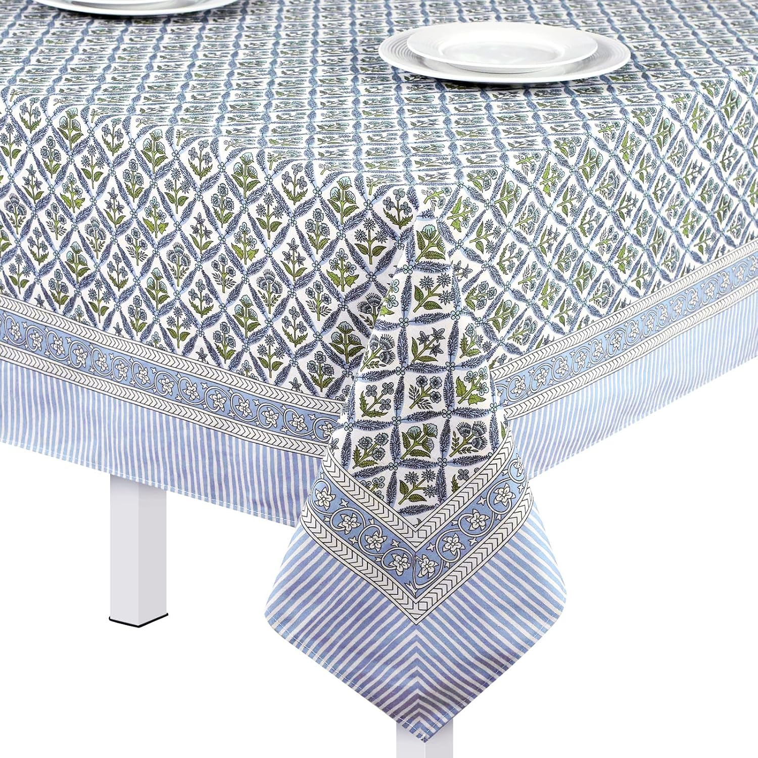 Newtay 60'' x 90'' Hand Block Print Mahjong Table Cloth Square Cotton Floral Tablecloth Washable Print Rectangle Table Cover with Dust Proof for Kitchen Dining Party(60'' X 90'',Light Steel,Blue)