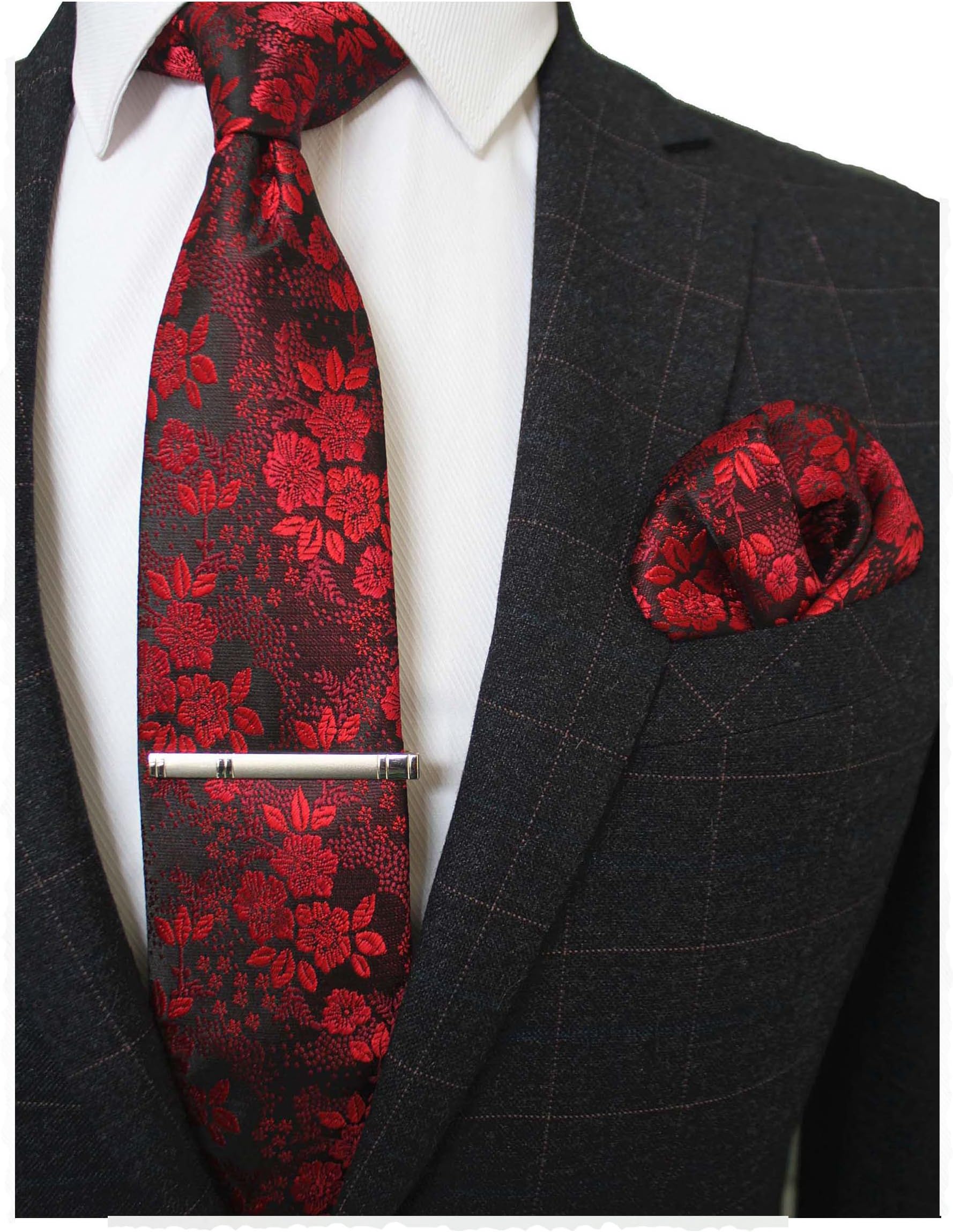 Floral Necktie and Pocket Square Tie Clip Sets for Men