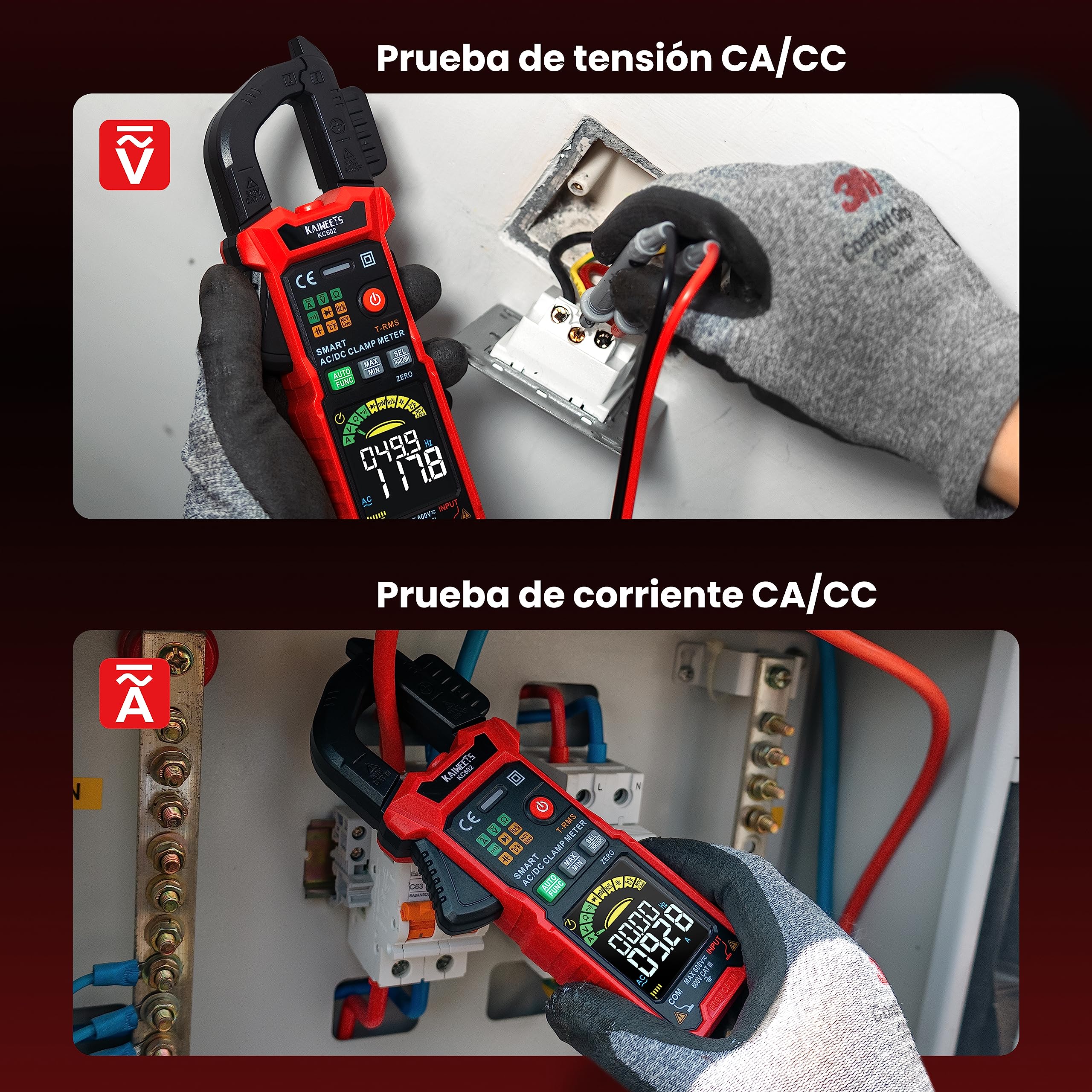 KAIWEETS Digital Pinza Amperimétrica Inteligente,Pinza de corriente profesional, Medición de corriente AC/DC tensión temperatura NCV Inrush, KC602