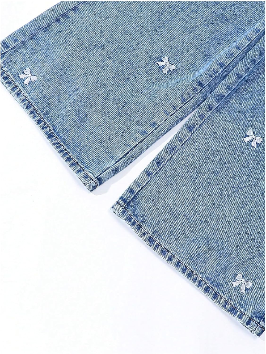 WDIRARA Girl's Bow Embroidered Baggy Jeans Elastic Wide Leg Denim Pants - Image 5