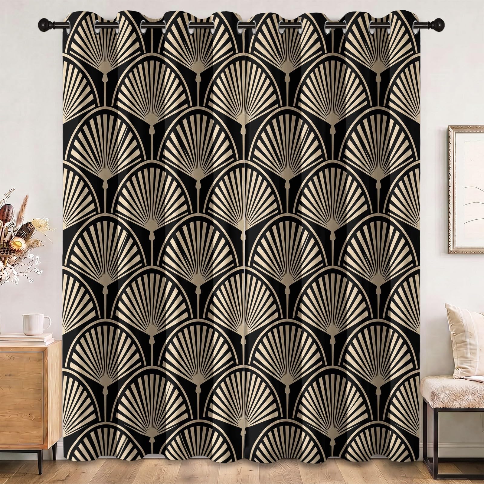 Generisch Vorhänge H 200 x B 70 cm, Minimalistisch Klassisch Vorhang Blickdicht Gardinen, Geometrie Fächer Linien Verdunklungsvorhänge mit Ösen Thermovorhang für Wohnzimmer Schlafzimmer 2er Set