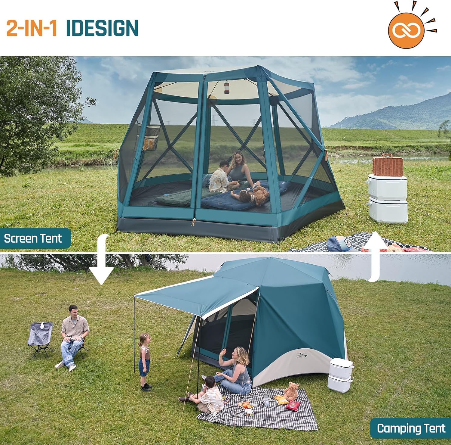 Instant Tents for Camping Pop Up Screen Tent with Floor, 6 Person Large Family Camping Tent with Rainfly and Porch, Easy 60S Setup Hub Tent for Outdoor Picnic Backyard, 11.5L x 10W x 6.83H