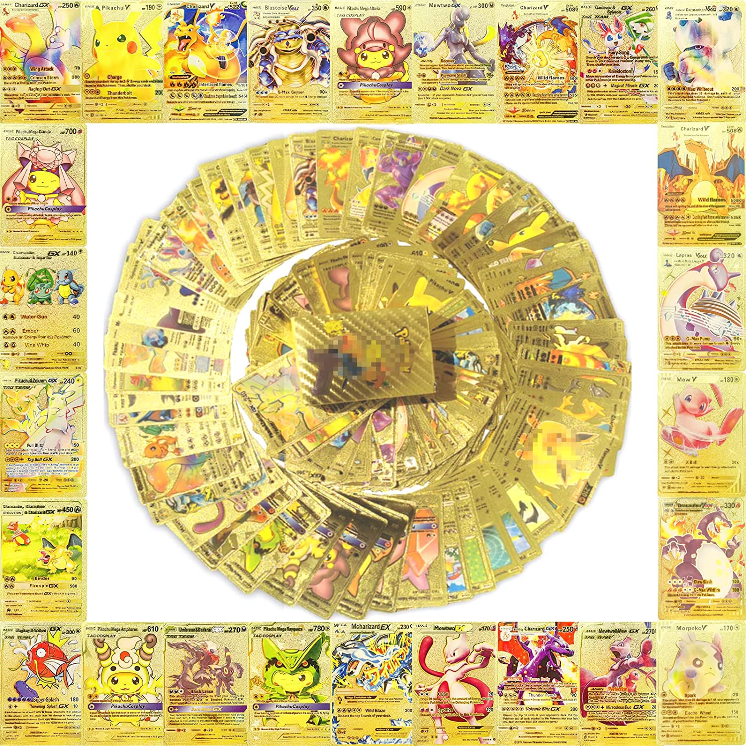 55 PCS Gold Foil Cards, TCG Deck Box Rare Golden Metal Cards Vmax