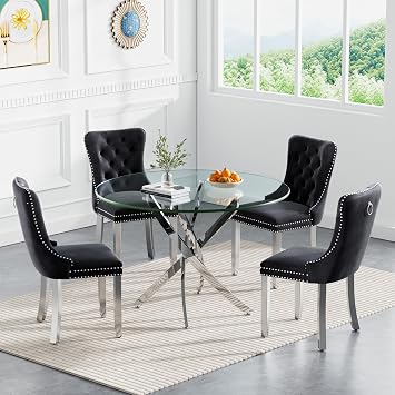 5 Piece Round Glass Dining Table Set for 4, 36" Round Dining Table & Chair Set Modern Circle Glass Kitchen Table and 4 Velvet Upholstered Chairs for Kitchen Dining Silver Table & Black Chair