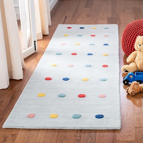 SAFAVIEH Colección Kids - Alfombra de pasillo de 2 pies 6 pulgadas x 8 pies, gris, lana de lunares hecha a mano, ideal para zonas de alto tráfico en