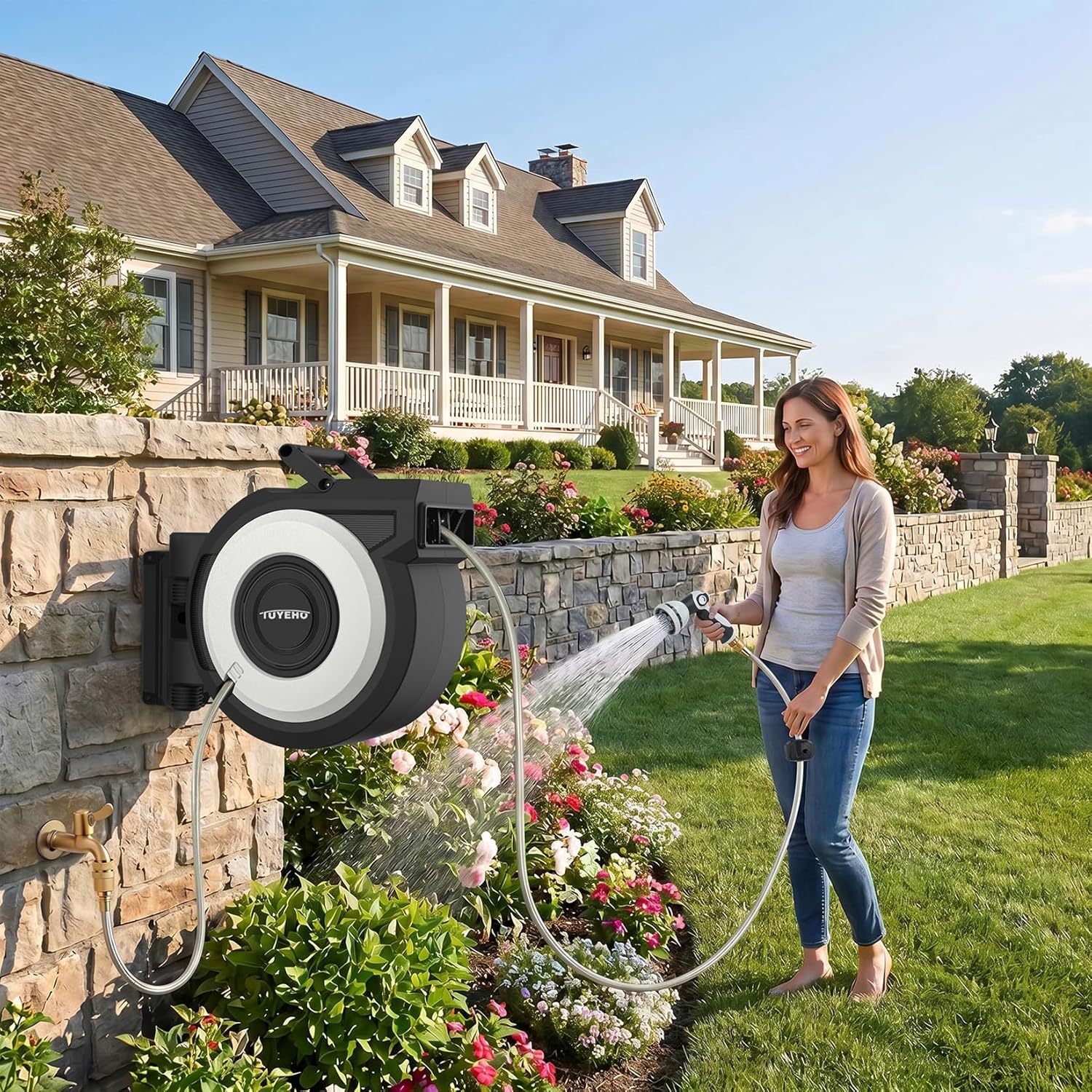 Tuyeho Retractable Garden Hose Reel 5/8" x 90 ft, Wall Mount Water Hose Reels with Automatic Slow Rewind System, Outdoor Hoses Reel with 2 Hose Nozzles for Garden Watering, Car Wash, Pet Shower