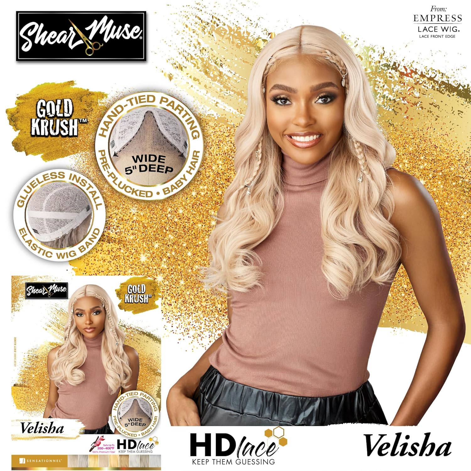 Sensationnel Shear Muse Gold Krush Lacewig - Velisha Deep Laceparting Hand Tied Ready to Wear Synthetic Prestyled Units (BEIGEASHBLONDE)